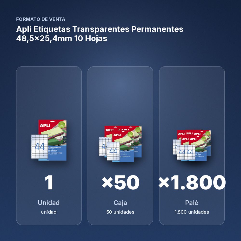 APLI ETIQUETAS TRANSPARENTES PERMANENTES 48,5X25,4MM 10 HOJAS - formato de venta: caja de 50, palé de 1800