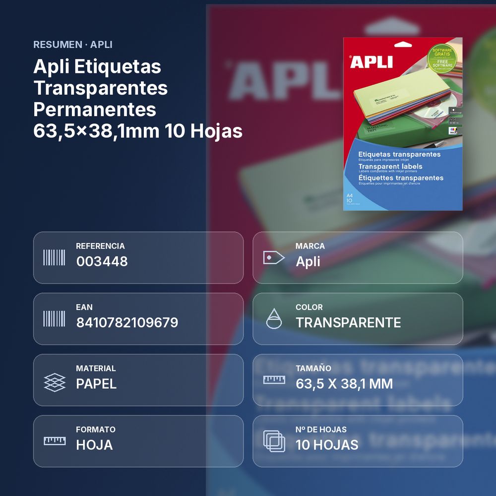 APLI ETIQUETAS TRANSPARENTES PERMANENTES 63,5X38,1MM 10 HOJAS - resumen de atributos