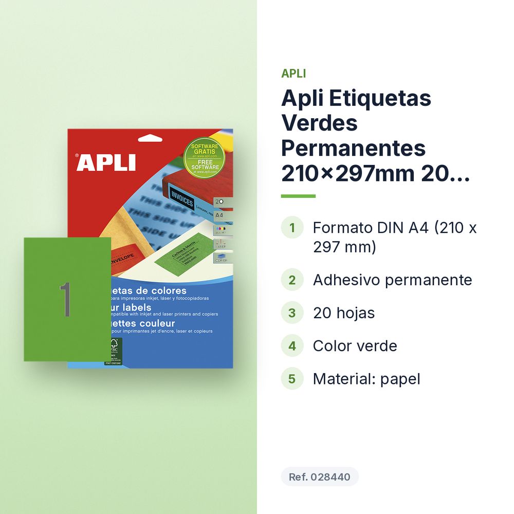 APLI ETIQUETAS VERDES PERMANENTES 210X297MM 20 HOJAS - características principales