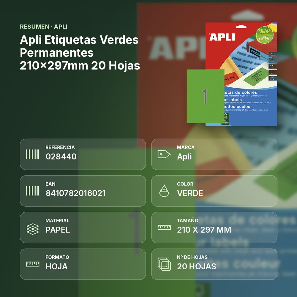 APLI ETIQUETAS VERDES PERMANENTES 210X297MM 20 HOJAS - resumen de atributos