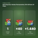APLI ETIQUETAS VERDES PERMANENTES 210X297MM 20 HOJAS - formato de venta: caja de 40, palé de 1440
