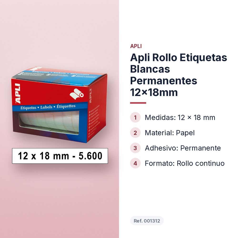 APLI ROLLO ETIQUETAS BLANCAS PERMANENTES 12X18MM  - características principales