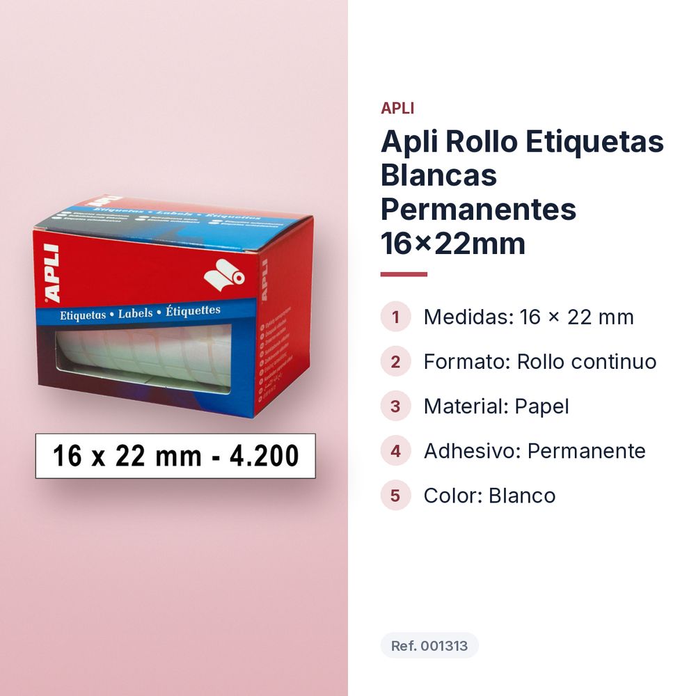 APLI ROLLO ETIQUETAS BLANCAS PERMANENTES 16X22MM - características principales