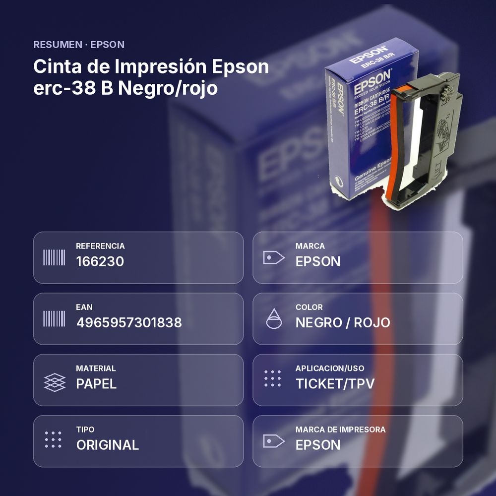 CINTA DE IMPRESIÓN EPSON ERC-38 B NEGRO/ROJO - resumen de atributos