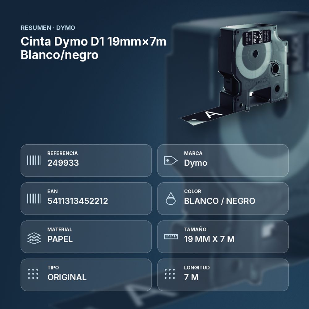 CINTA DYMO D1 19MM×7M BLANCO/NEGRO  - resumen de atributos