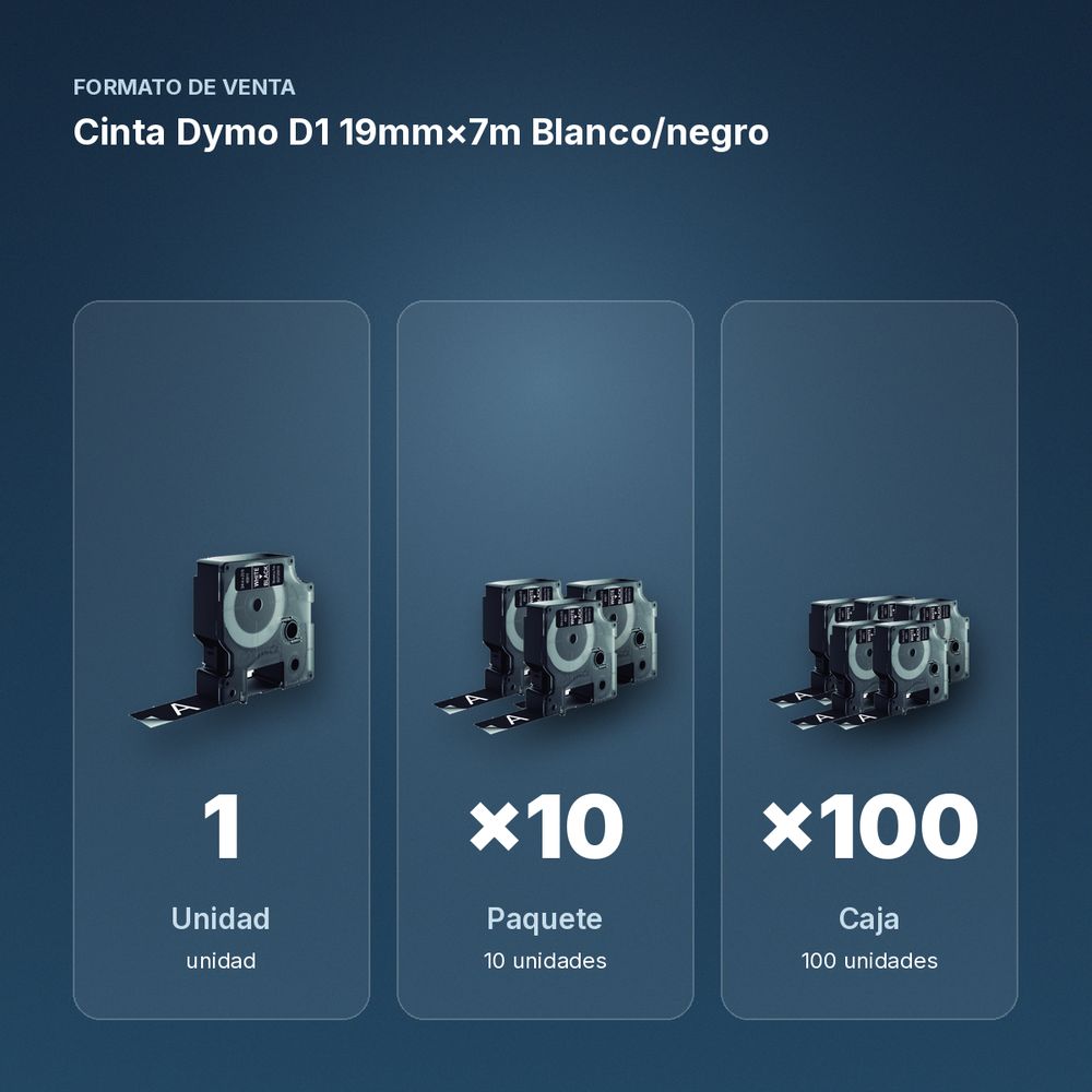 CINTA DYMO D1 19MM×7M BLANCO/NEGRO  - formato de venta: paquete de 10, caja de 100