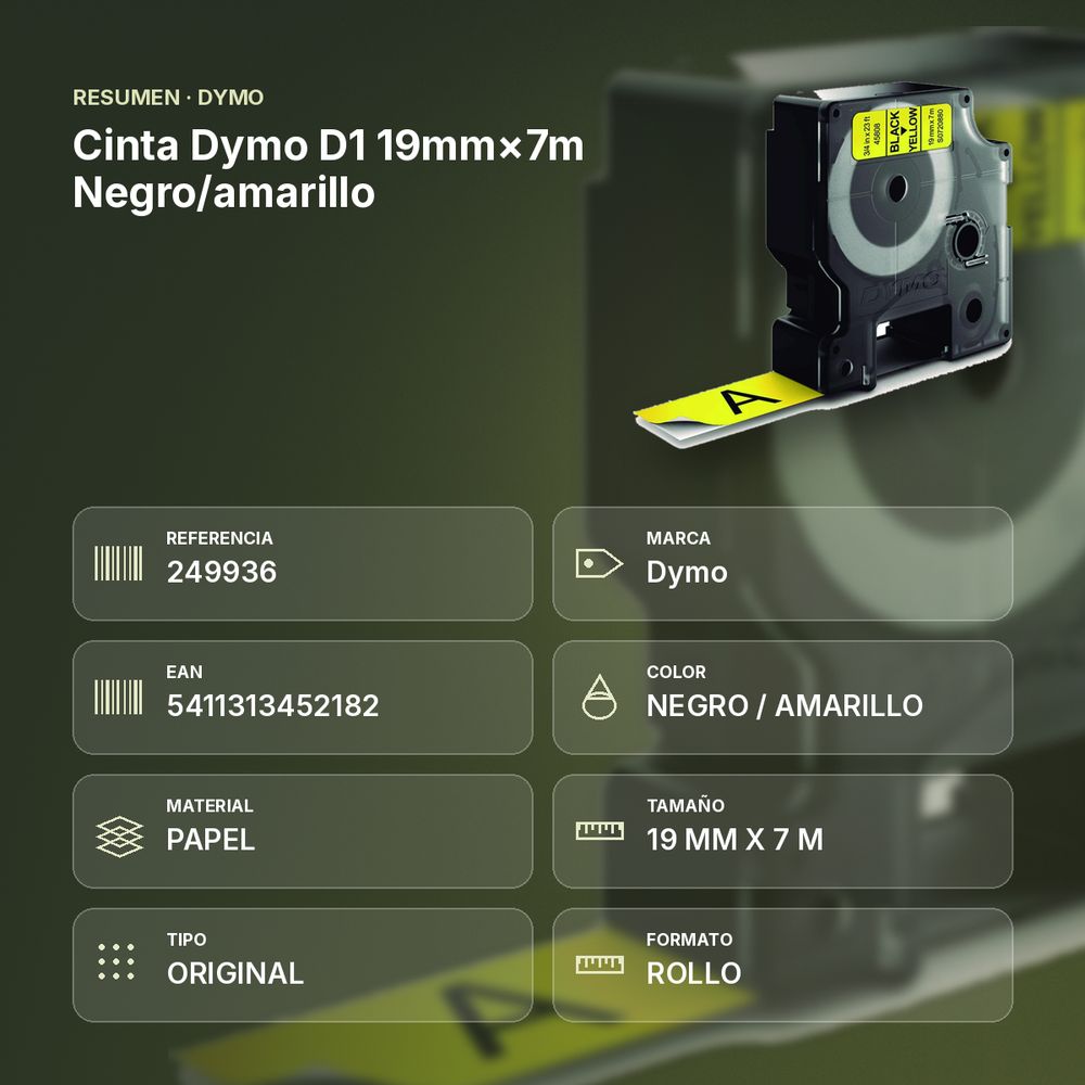 CINTA DYMO D1 19MM×7M NEGRO/AMARILLO  - resumen de atributos