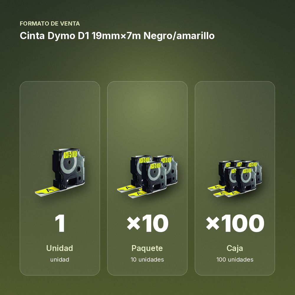 CINTA DYMO D1 19MM×7M NEGRO/AMARILLO  - formato de venta: paquete de 10, caja de 100