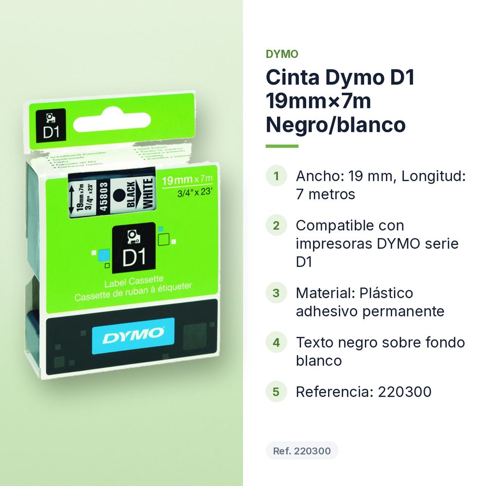 CINTA DYMO D1 19MM×7M NEGRO/BLANCO - características principales