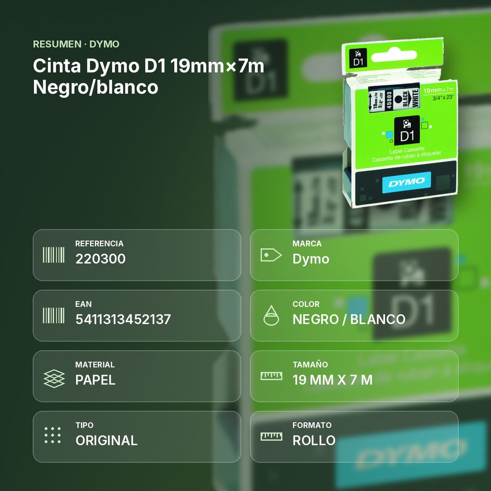 CINTA DYMO D1 19MM×7M NEGRO/BLANCO - resumen de atributos