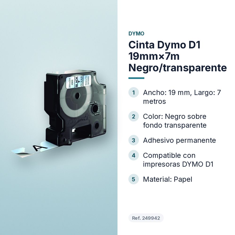 CINTA DYMO D1 19MM×7M NEGRO/TRANSPARENTE - características principales