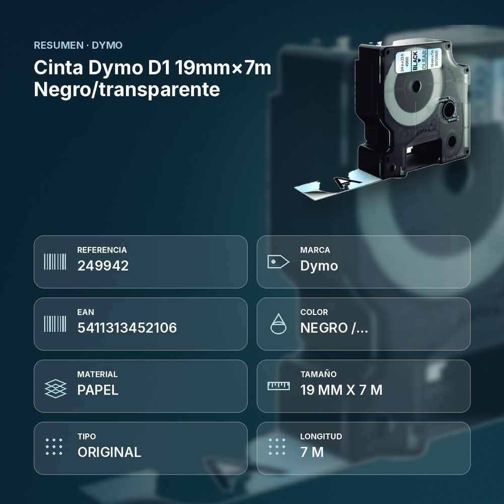 CINTA DYMO D1 19MM×7M NEGRO/TRANSPARENTE - resumen de atributos