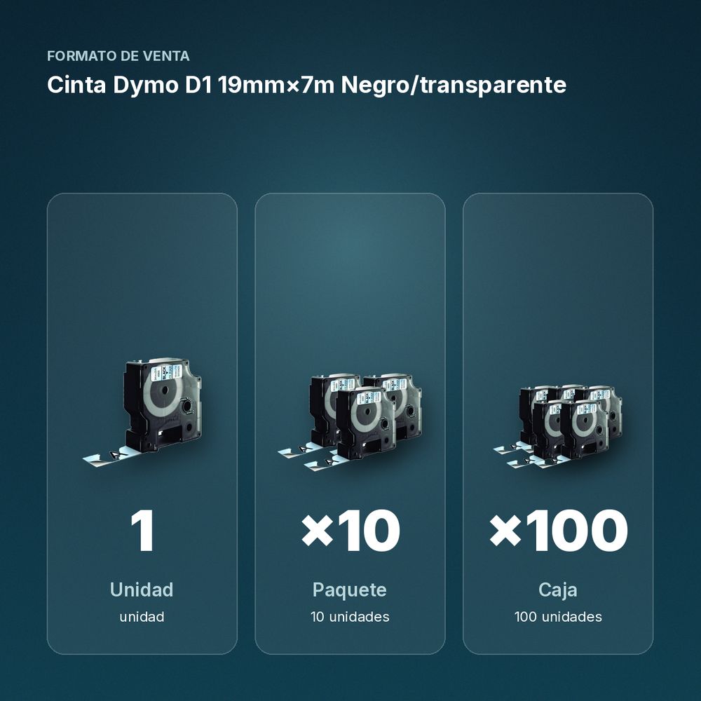 CINTA DYMO D1 19MM×7M NEGRO/TRANSPARENTE - formato de venta: paquete de 10, caja de 100