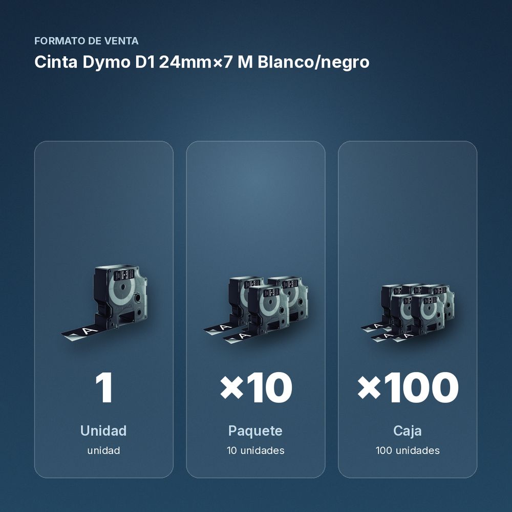CINTA DYMO D1 24MM×7 M  BLANCO/NEGRO - formato de venta: paquete de 10, caja de 100