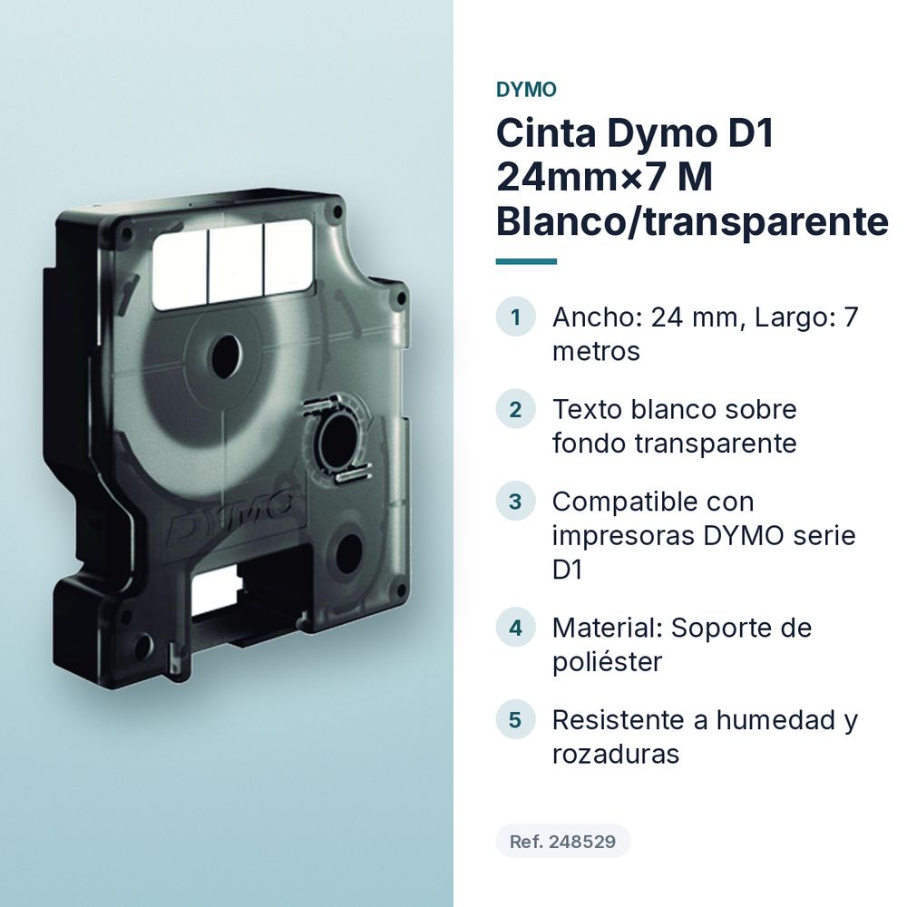 CINTA DYMO D1 24MM×7 M  BLANCO/TRANSPARENTE - características principales