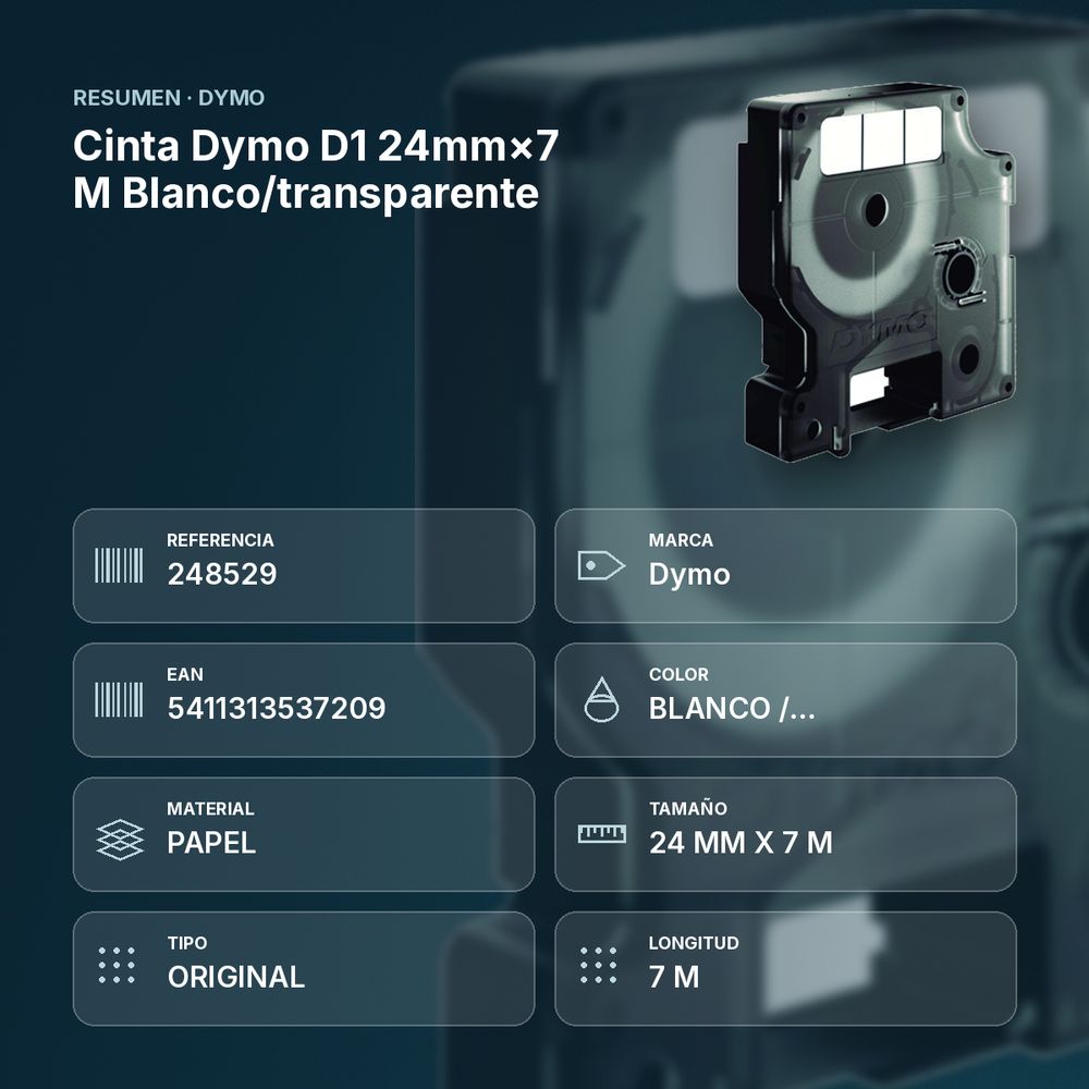 CINTA DYMO D1 24MM×7 M  BLANCO/TRANSPARENTE - resumen de atributos