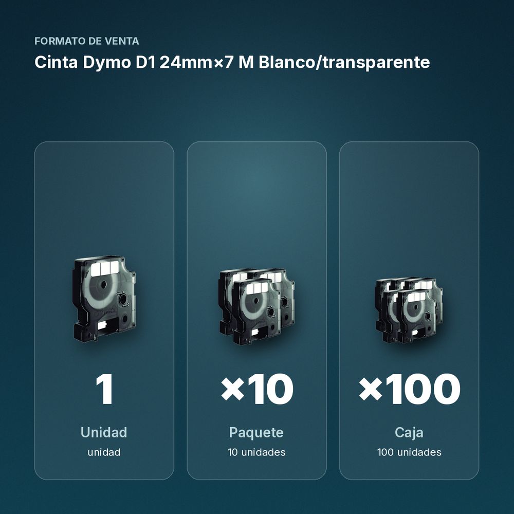 CINTA DYMO D1 24MM×7 M  BLANCO/TRANSPARENTE - formato de venta: paquete de 10, caja de 100