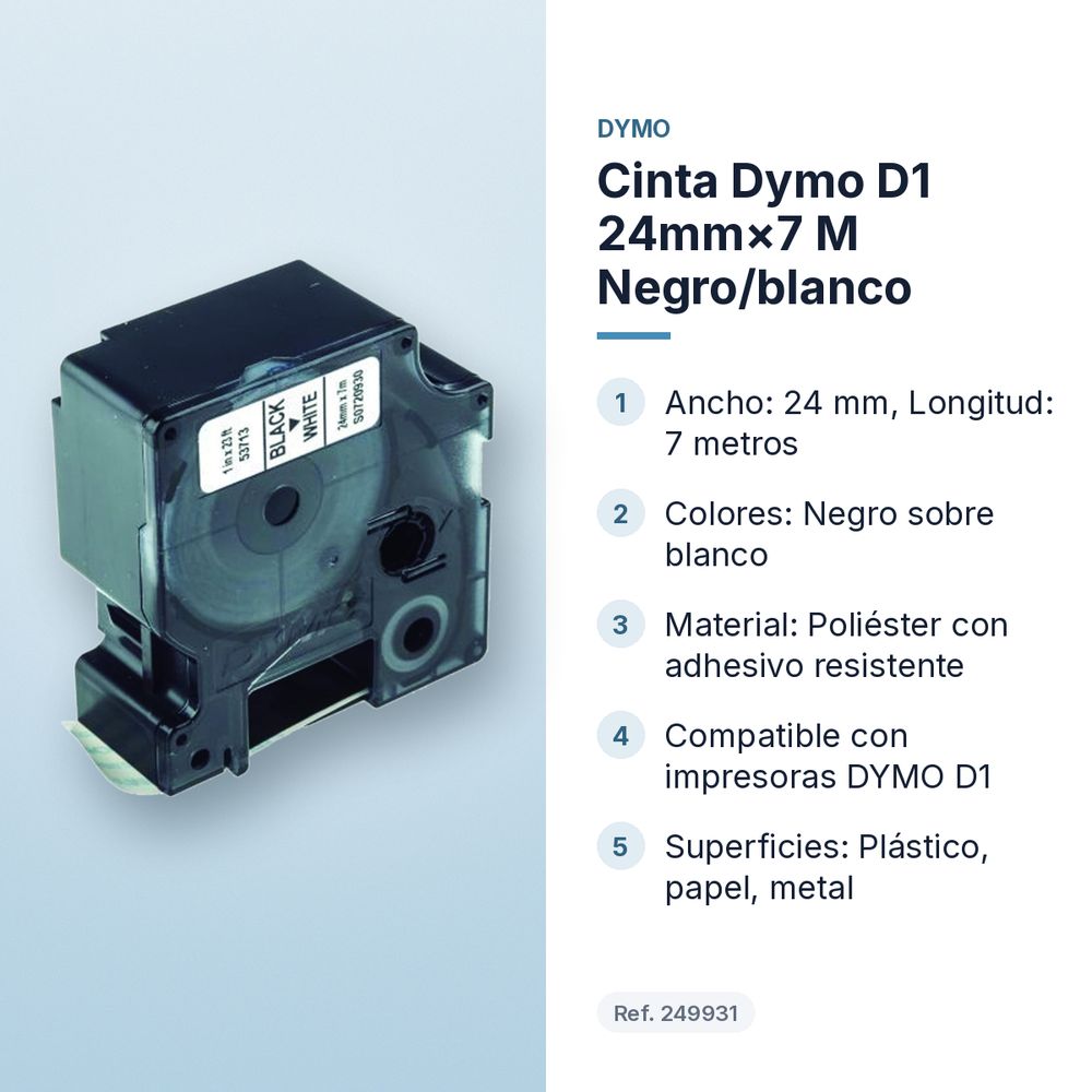 CINTA DYMO D1 24MM×7 M NEGRO/BLANCO - características principales