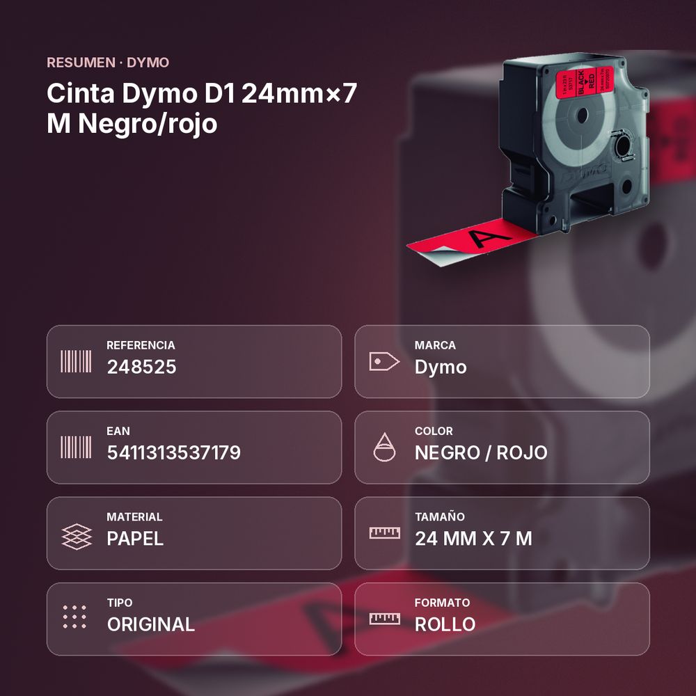 CINTA DYMO D1 24MM×7 M NEGRO/ROJO - resumen de atributos