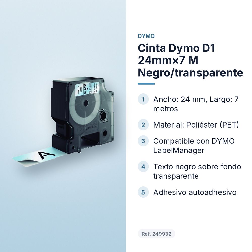 CINTA DYMO D1 24MM×7 M NEGRO/TRANSPARENTE - características principales