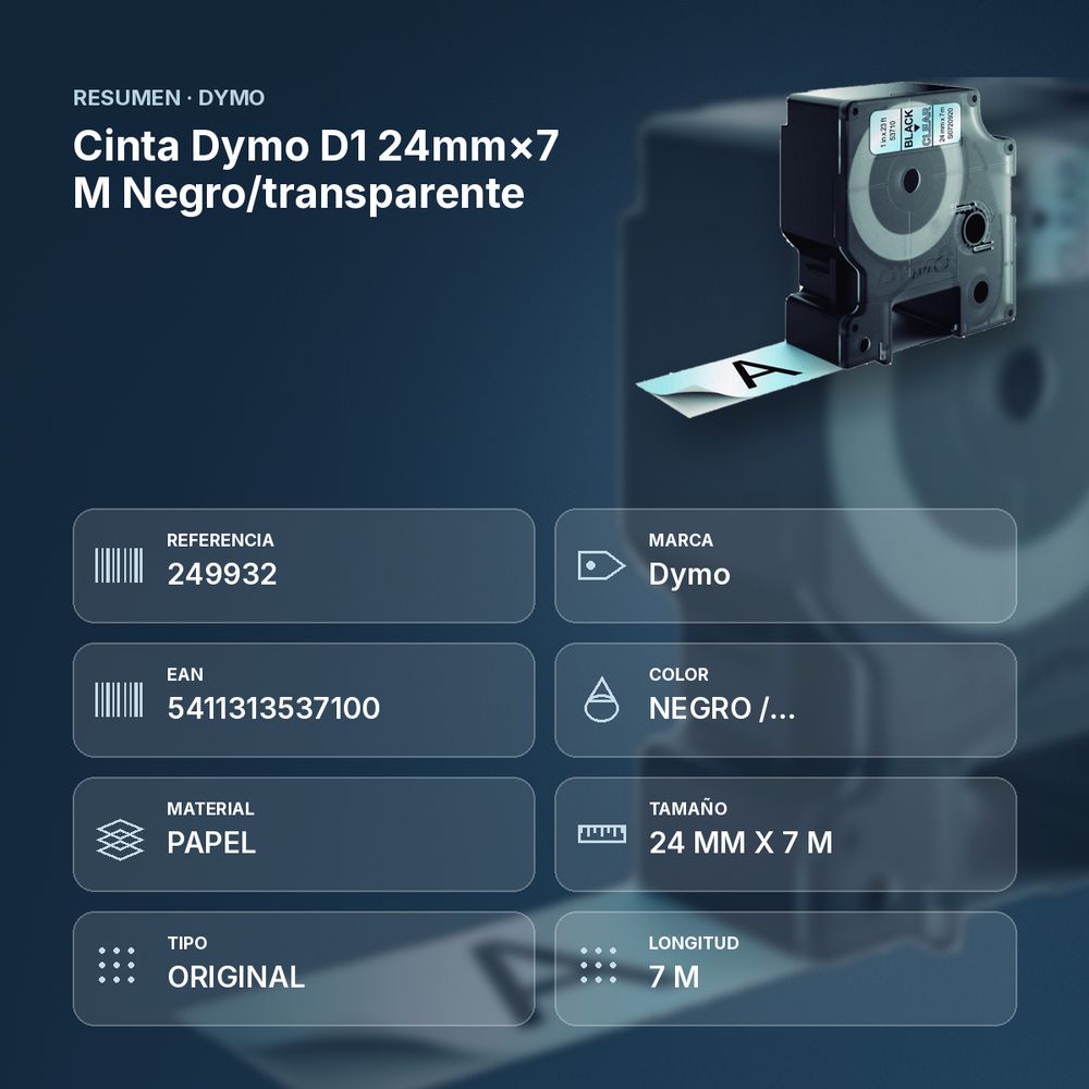 CINTA DYMO D1 24MM×7 M NEGRO/TRANSPARENTE - resumen de atributos
