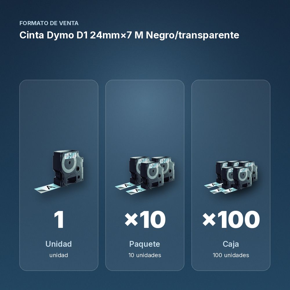 CINTA DYMO D1 24MM×7 M NEGRO/TRANSPARENTE - formato de venta: paquete de 10, caja de 100