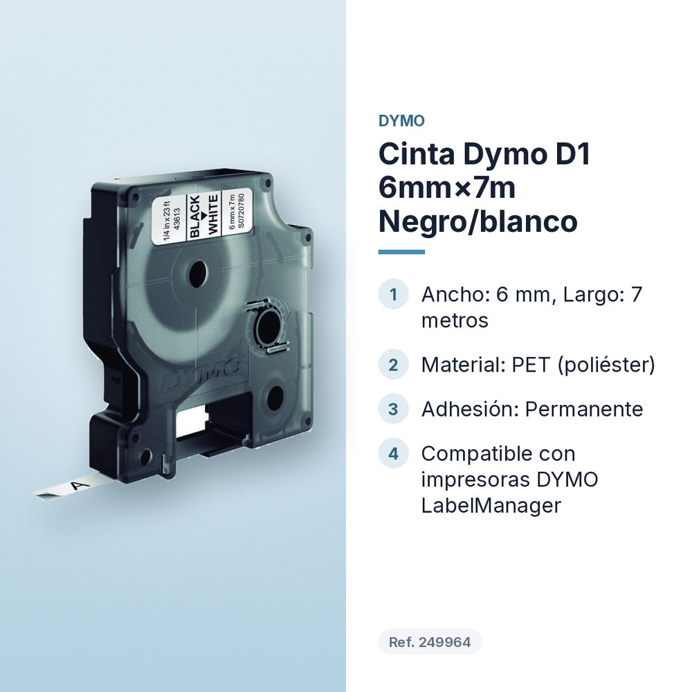 CINTA DYMO D1 6MM×7M NEGRO/BLANCO - características principales