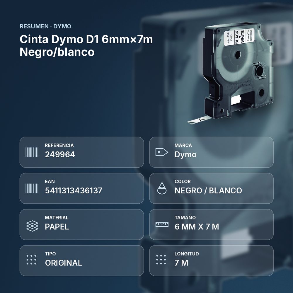 CINTA DYMO D1 6MM×7M NEGRO/BLANCO - resumen de atributos