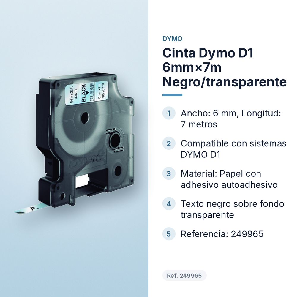 CINTA DYMO D1 6MM×7M NEGRO/TRANSPARENTE - características principales