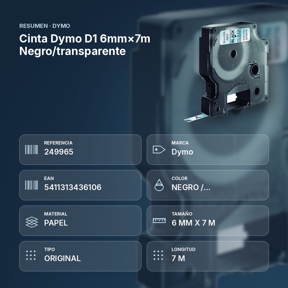 CINTA DYMO D1 6MM×7M NEGRO/TRANSPARENTE - resumen de atributos