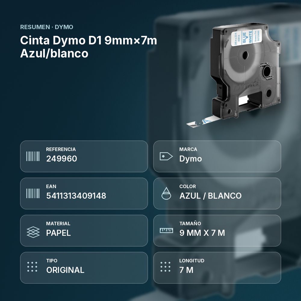CINTA DYMO D1 9MM×7M AZUL/BLANCO - resumen de atributos