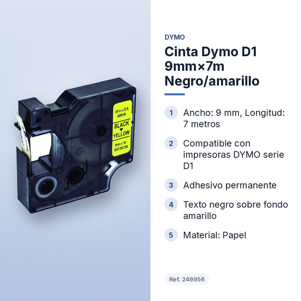 CINTA DYMO D1 9MM×7M NEGRO/AMARILLO - características principales