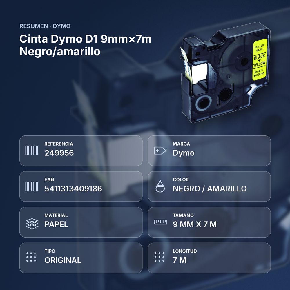 CINTA DYMO D1 9MM×7M NEGRO/AMARILLO - resumen de atributos