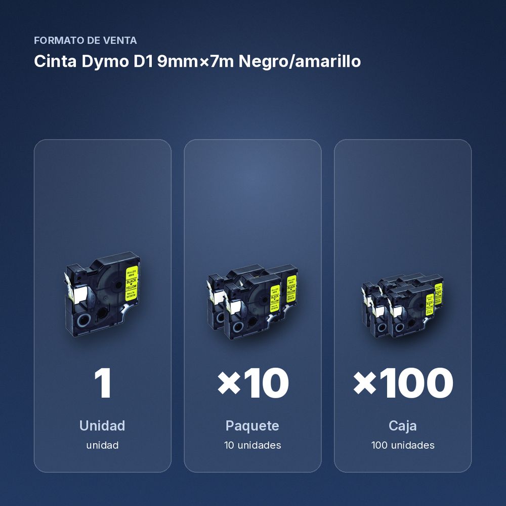 CINTA DYMO D1 9MM×7M NEGRO/AMARILLO - formato de venta: paquete de 10, caja de 100