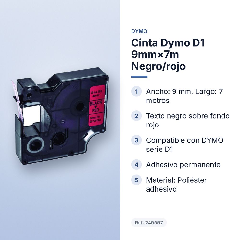 CINTA DYMO D1 9MM×7M NEGRO/ROJO - características principales