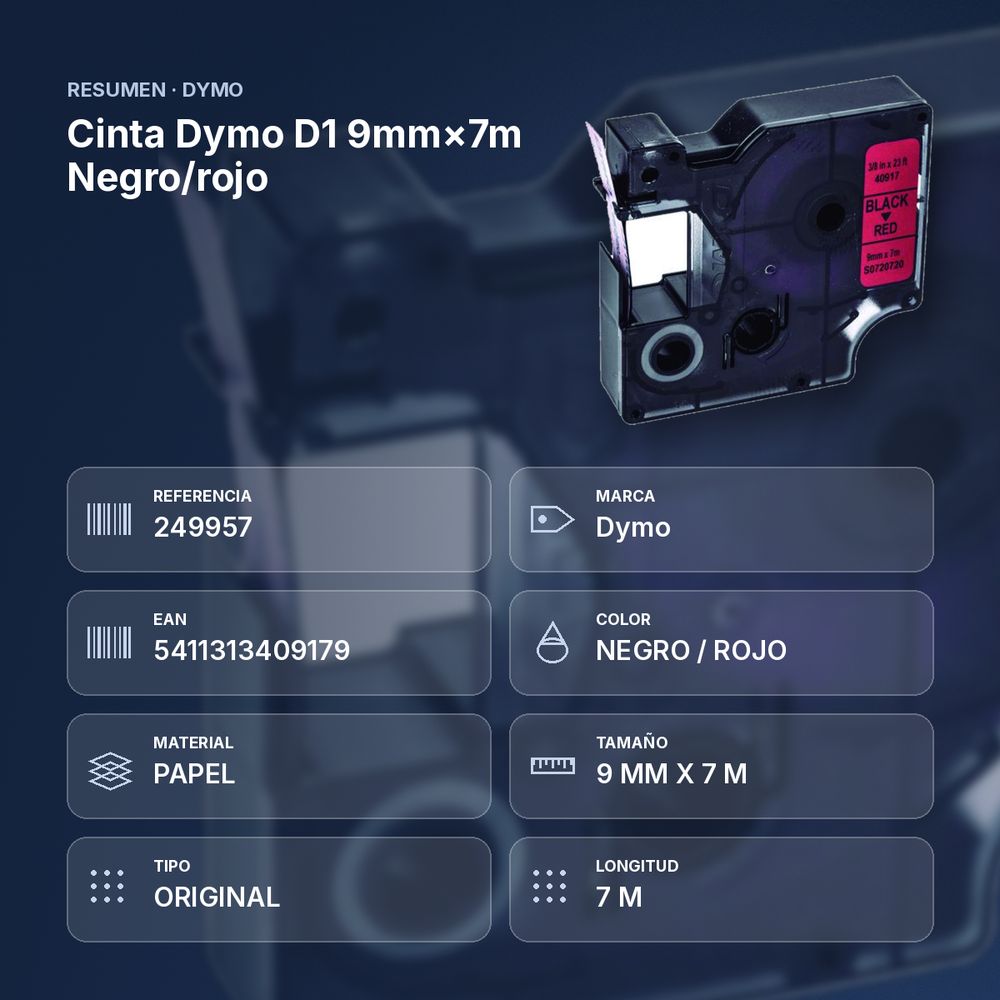 CINTA DYMO D1 9MM×7M NEGRO/ROJO - resumen de atributos