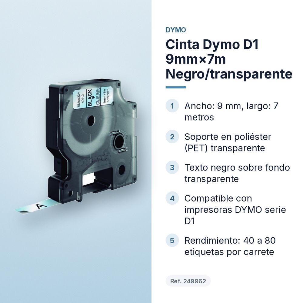 CINTA DYMO D1 9MM×7M NEGRO/TRANSPARENTE - características principales
