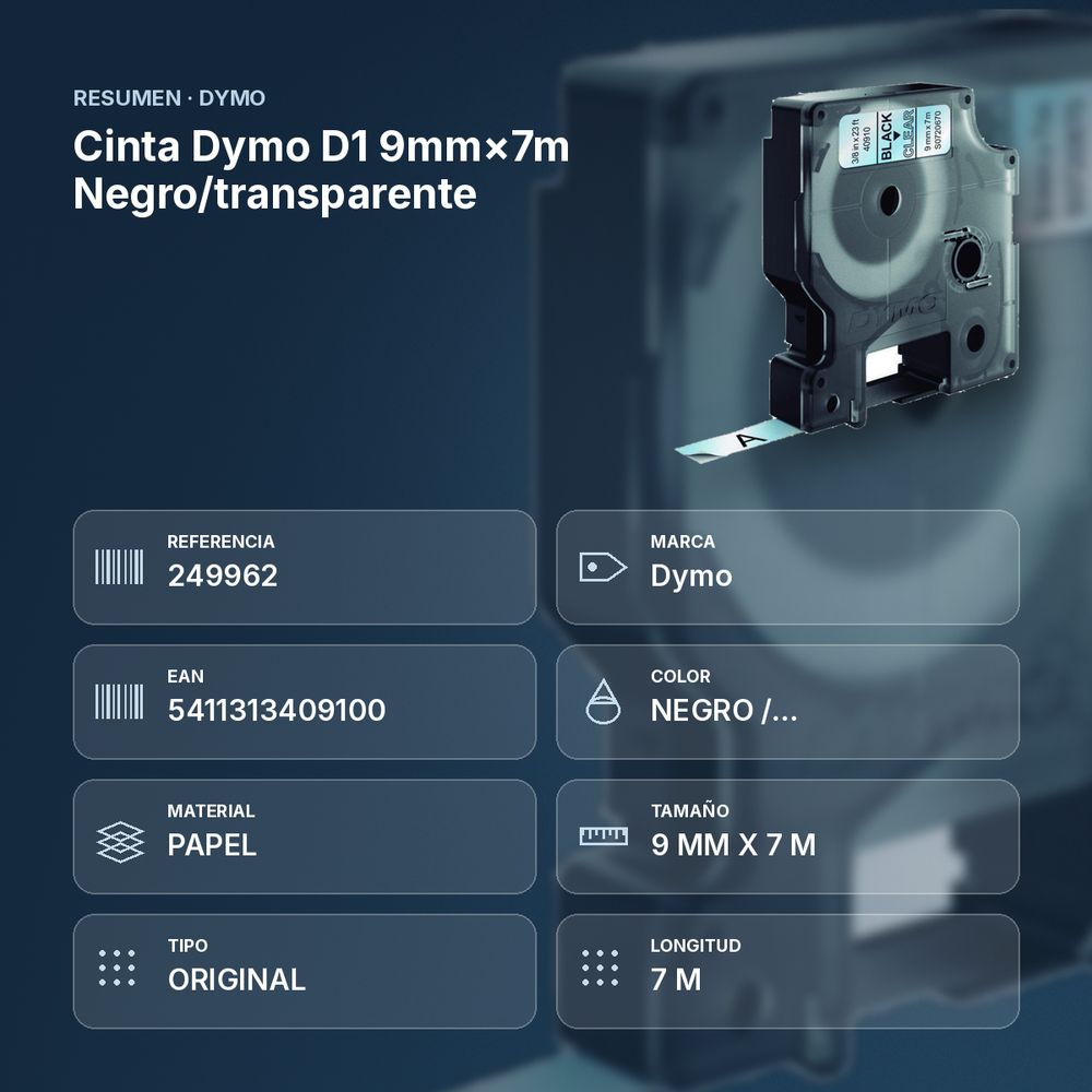 CINTA DYMO D1 9MM×7M NEGRO/TRANSPARENTE - resumen de atributos
