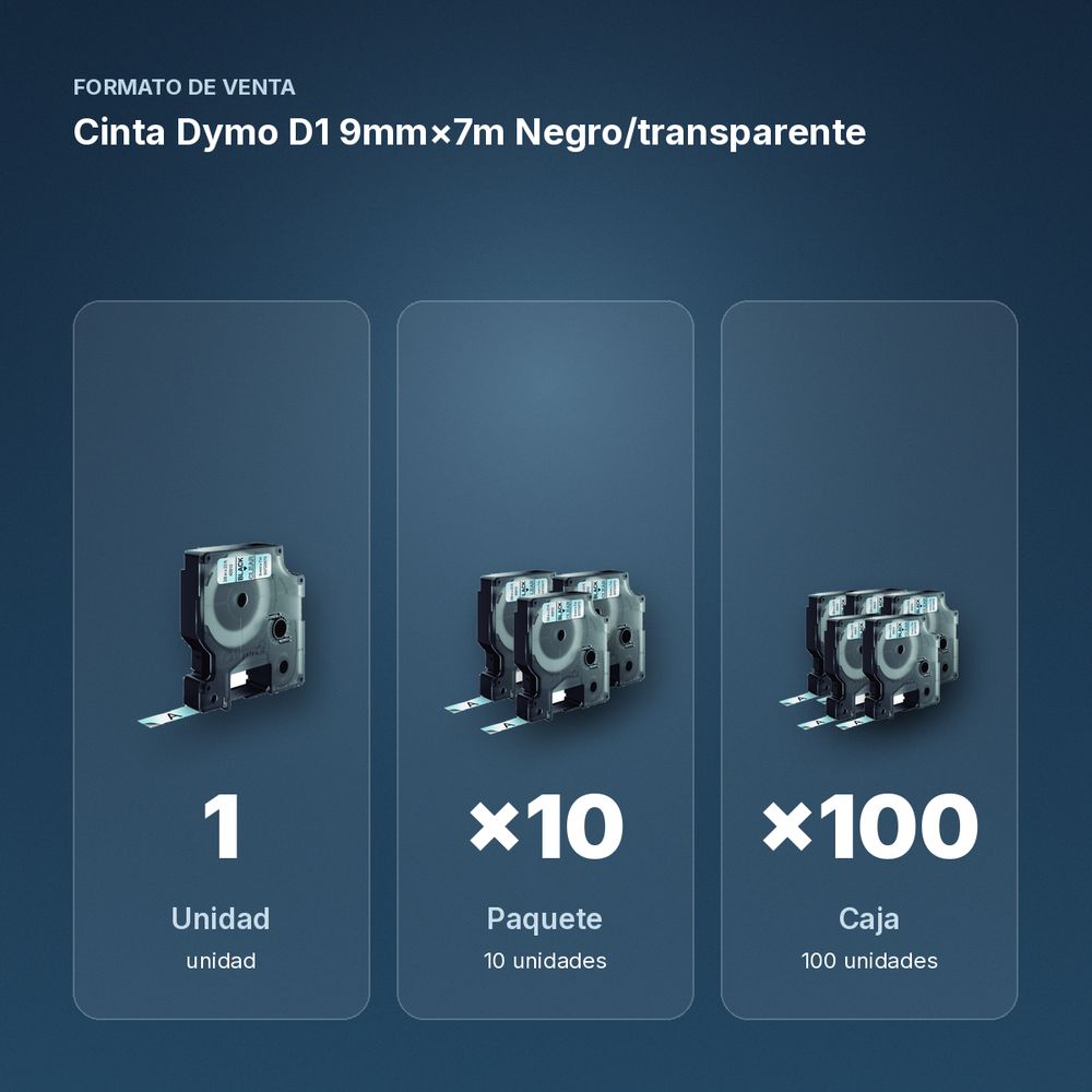 CINTA DYMO D1 9MM×7M NEGRO/TRANSPARENTE - formato de venta: paquete de 10, caja de 100