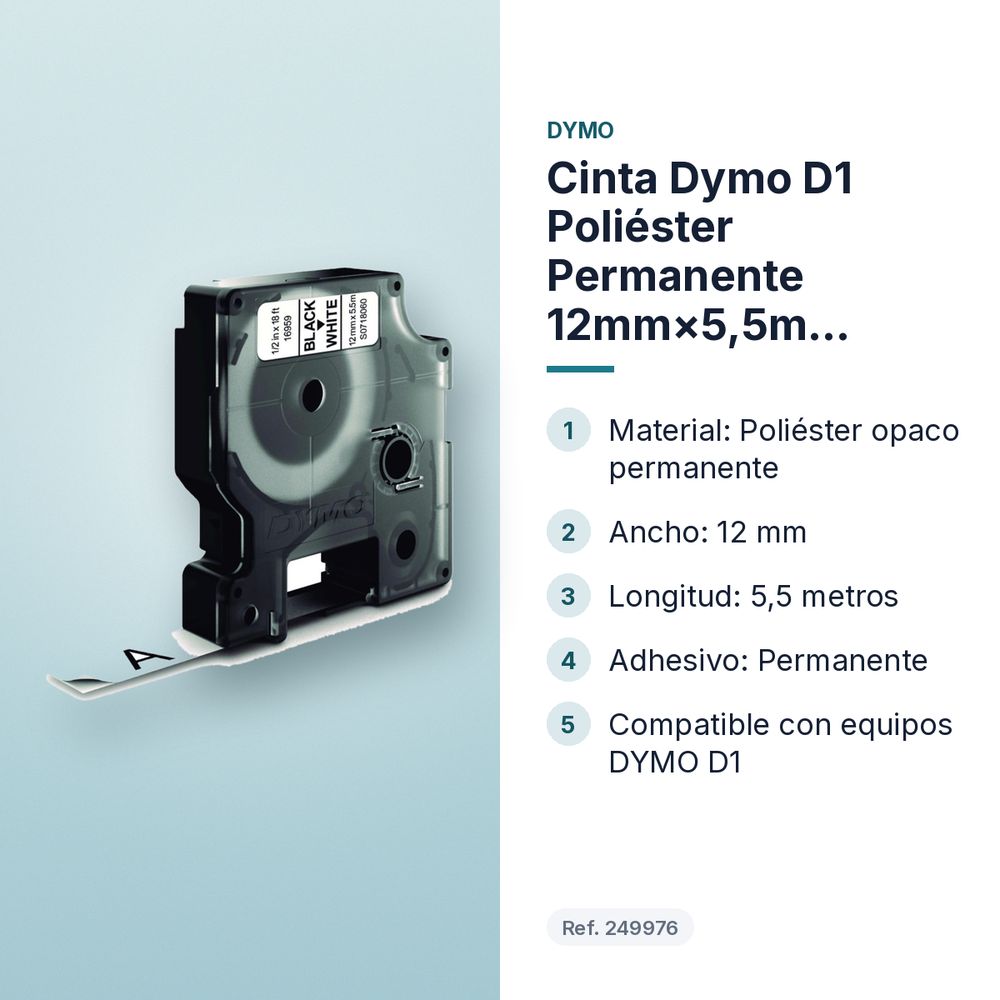 CINTA DYMO D1 POLIÉSTER PERMANENTE 12MM×5,5M NEGRO/BLANCO - características principales