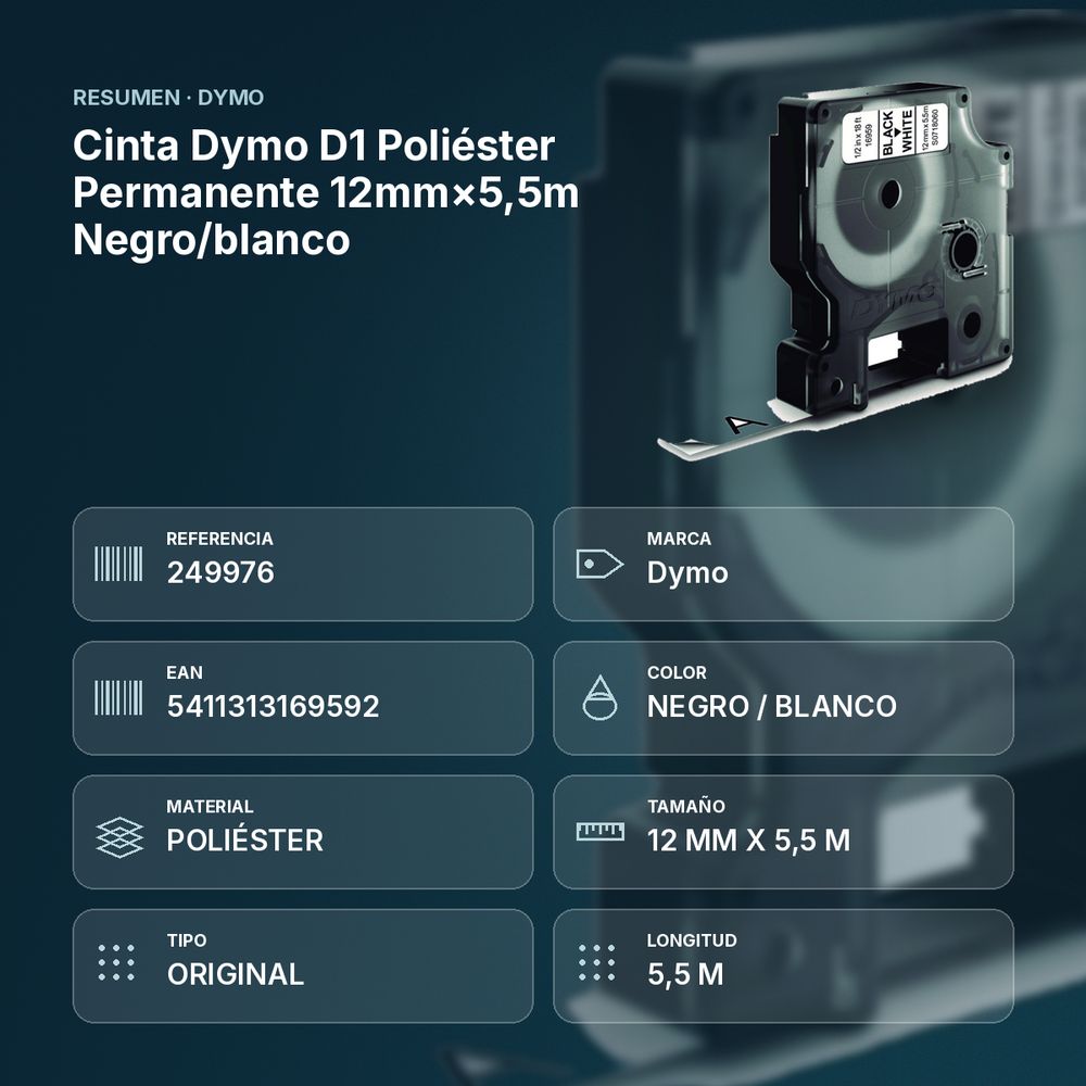 CINTA DYMO D1 POLIÉSTER PERMANENTE 12MM×5,5M NEGRO/BLANCO - resumen de atributos