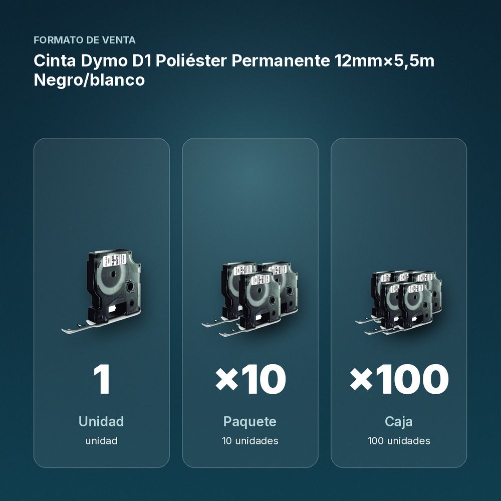 CINTA DYMO D1 POLIÉSTER PERMANENTE 12MM×5,5M NEGRO/BLANCO - formato de venta: paquete de 10, caja de 100