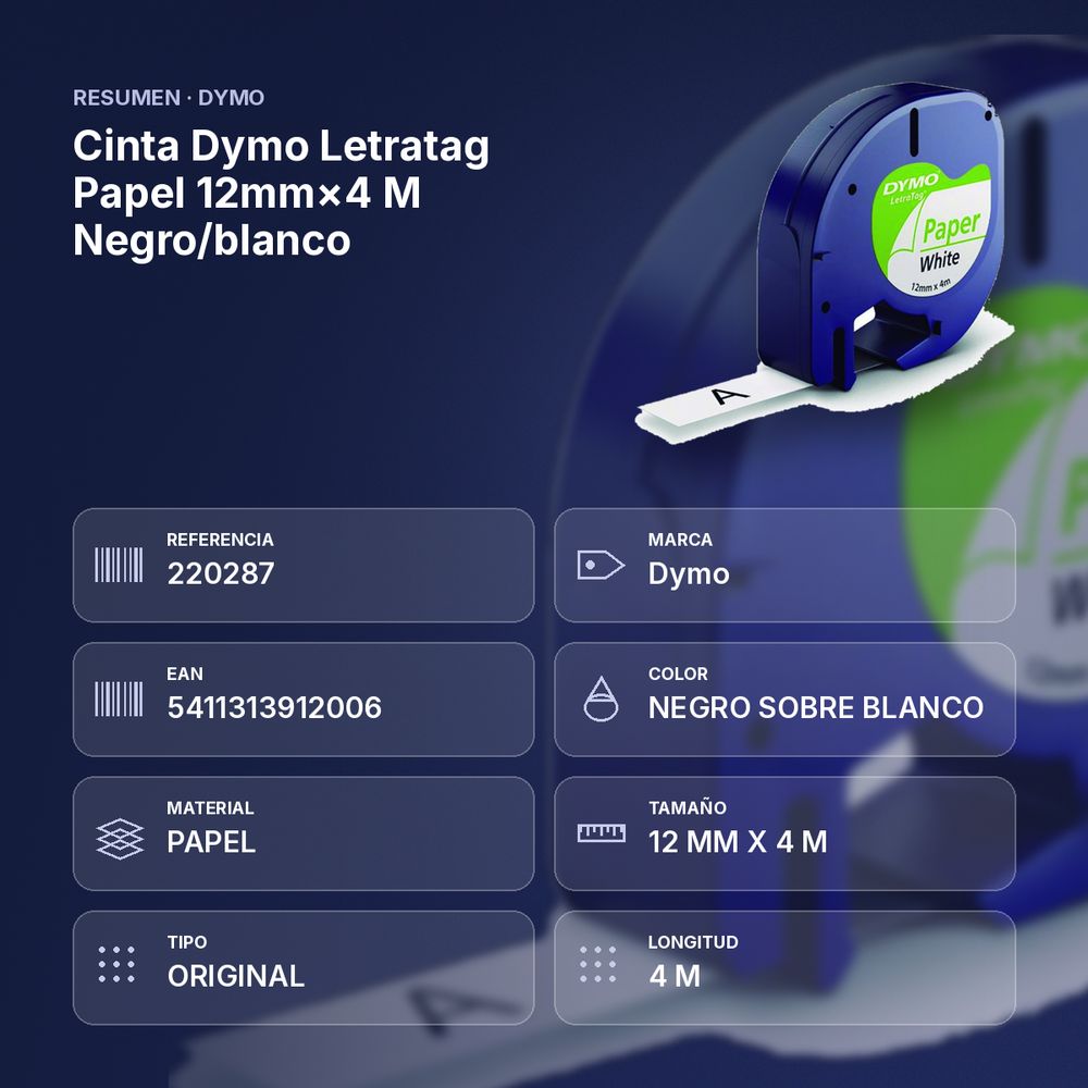CINTA DYMO LETRATAG PAPEL 12MM×4 M NEGRO/BLANCO  - resumen de atributos