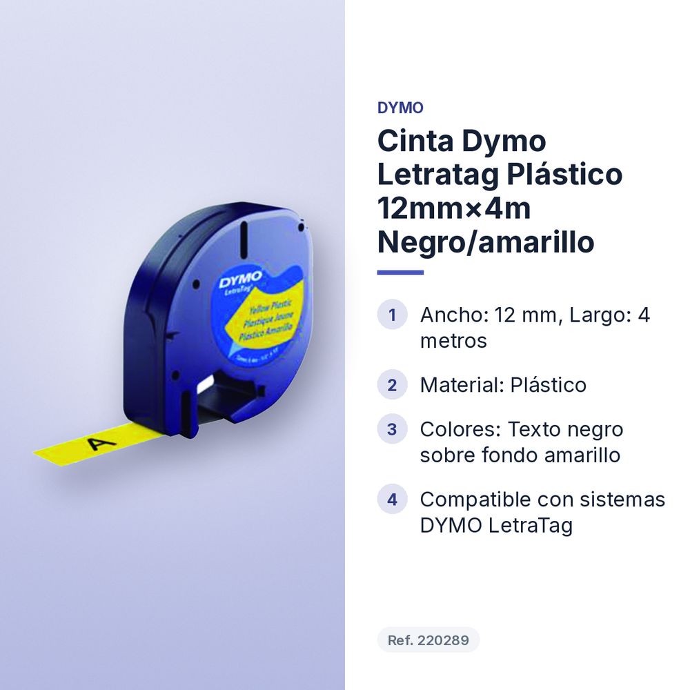 CINTA DYMO LETRATAG PLÁSTICO 12MM×4M NEGRO/AMARILLO - características principales