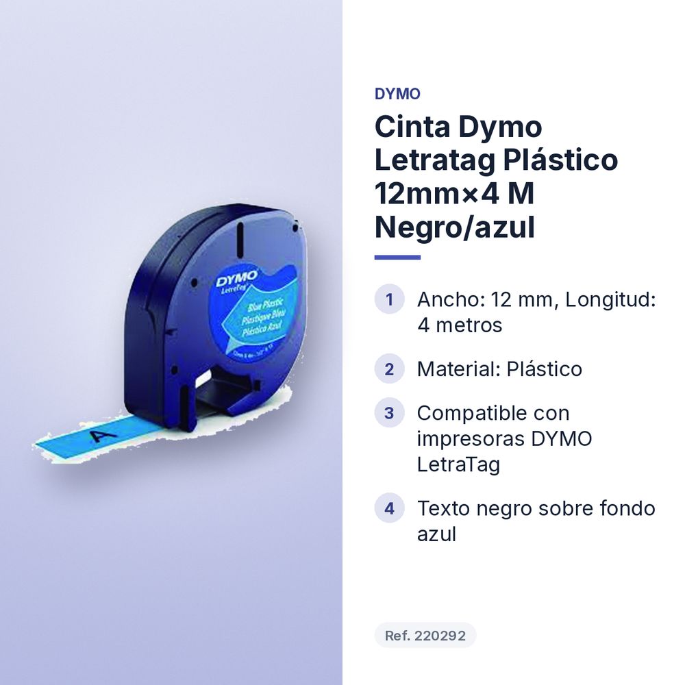 CINTA DYMO LETRATAG PLÁSTICO 12MM×4 M NEGRO/AZUL  - características principales