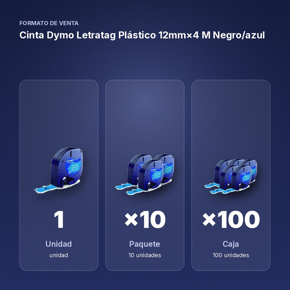 CINTA DYMO LETRATAG PLÁSTICO 12MM×4 M NEGRO/AZUL  - formato de venta: paquete de 10, caja de 100