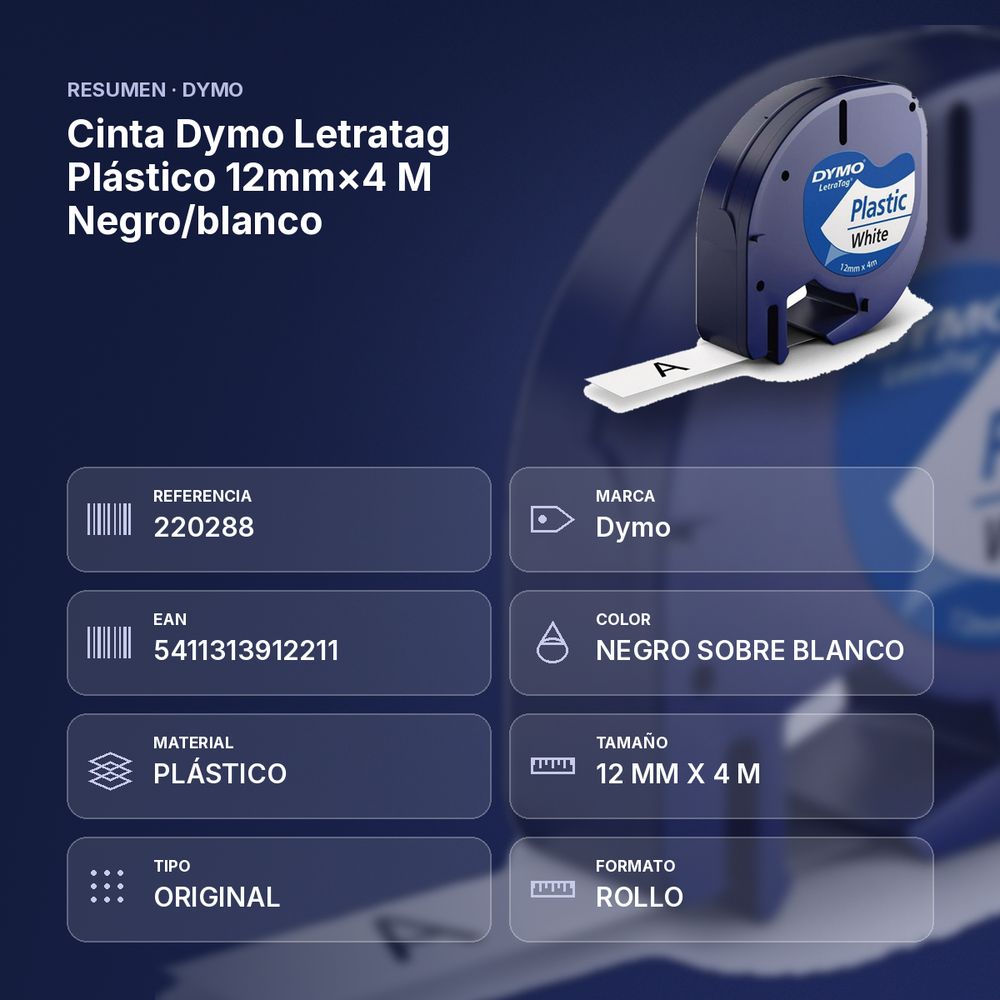 CINTA DYMO LETRATAG PLÁSTICO 12MM×4 M NEGRO/BLANCO - resumen de atributos