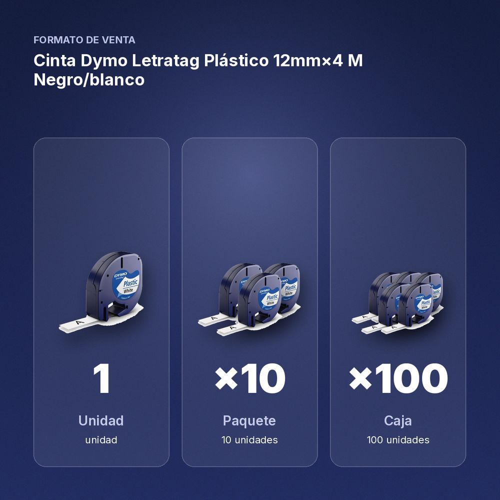 CINTA DYMO LETRATAG PLÁSTICO 12MM×4 M NEGRO/BLANCO - formato de venta: paquete de 10, caja de 100