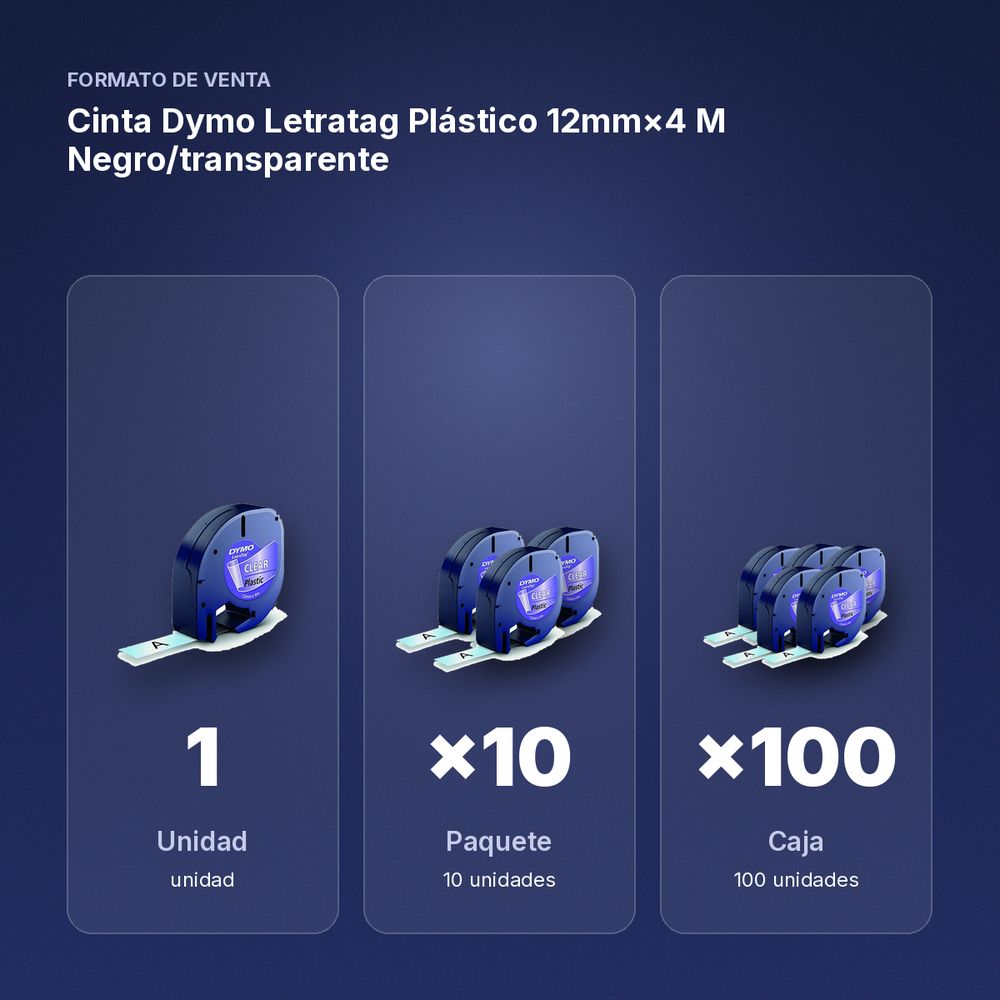 CINTA DYMO LETRATAG PLÁSTICO 12MM×4 M NEGRO/TRANSPARENTE - formato de venta: paquete de 10, caja de 100