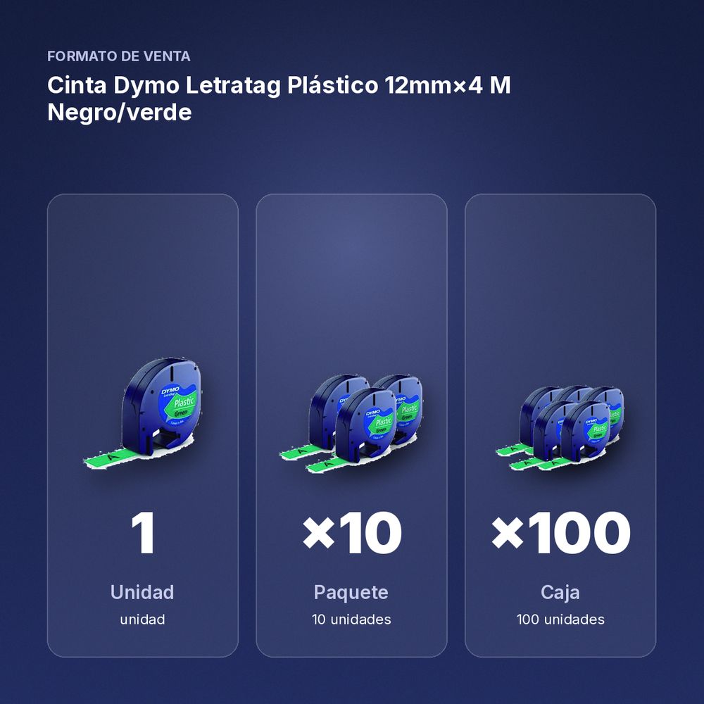 CINTA DYMO LETRATAG PLÁSTICO 12MM×4 M NEGRO/VERDE - formato de venta: paquete de 10, caja de 100